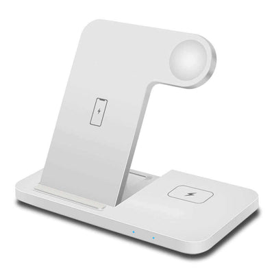 Multi-device wireless charging station for smartphones and smartwatches, modern and sleek design, white color.