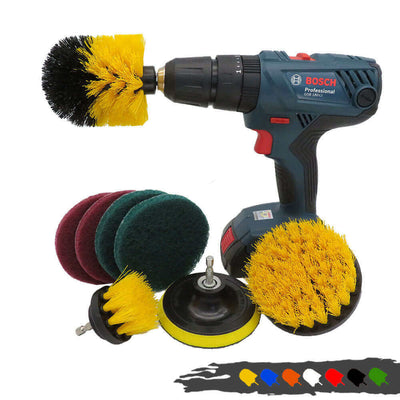 Electric drill with nylon cleaning brush attachments, including disc brushes and round brushes in various colors